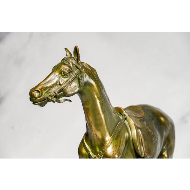 Stately Large Equestrian Antique Saddled Horse Statue Sculpture Cast Metal Marble Base Country Home Decor For Sale - Image 10 of 16
