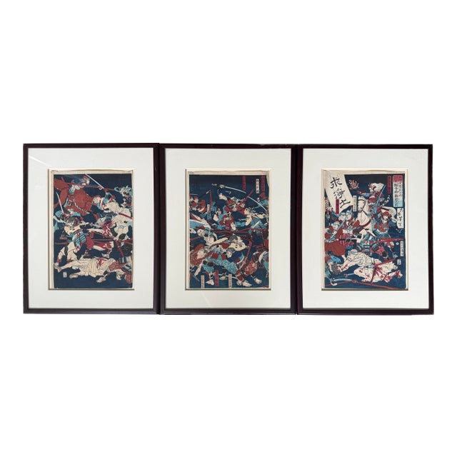The Difficult Battle at Daijuji Temple by Tsukioka Yoshitoshi Set of Three Japanese Woodblock Prints, Cir 1873 For Sale