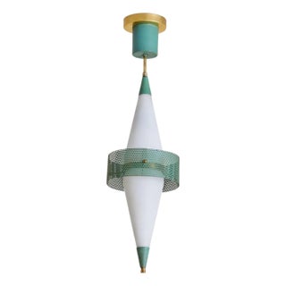 1950s Mid-Century Modern Brass + Opaline Glass Pendant in the Manner of Stilnovo For Sale