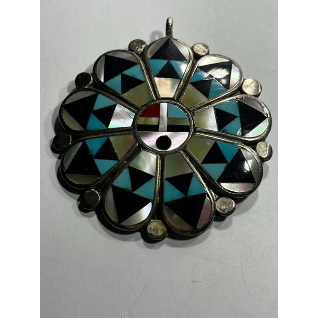 1960s Native American Zuni Vintage Sterling Silver Inlay Pin/Pendant For Sale - Image 5 of 6