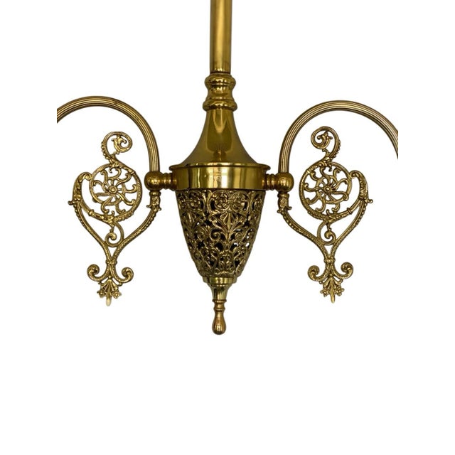 Gothic Vintage 2- Light Art Nouveau Converted Gas Chandelier Gothic Fleur De Lis Glass For Sale - Image 3 of 7