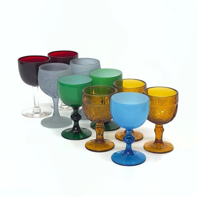 Mixed-color aperitif glass curation, group of 10. A crazy mixed-up curated collection of mixed-color, texture, and...