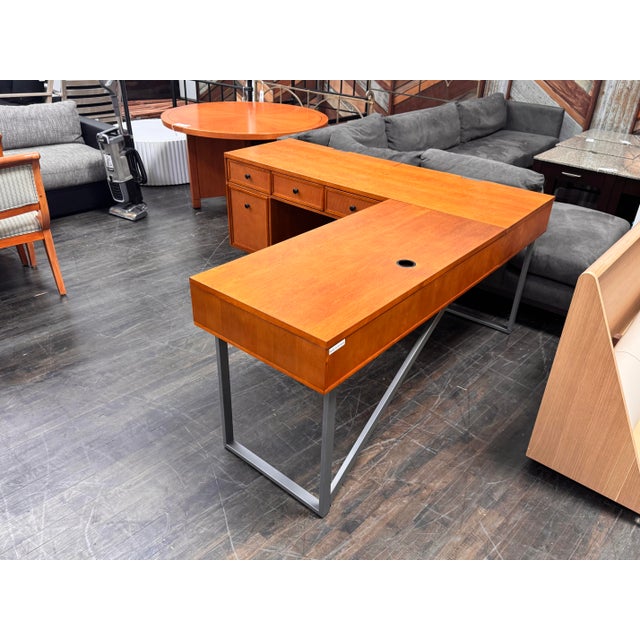 Brown Inbox Zero Furniture Nusaiba L-Shaped Lift-Top Cane Executive Desk For Sale - Image 8 of 12
