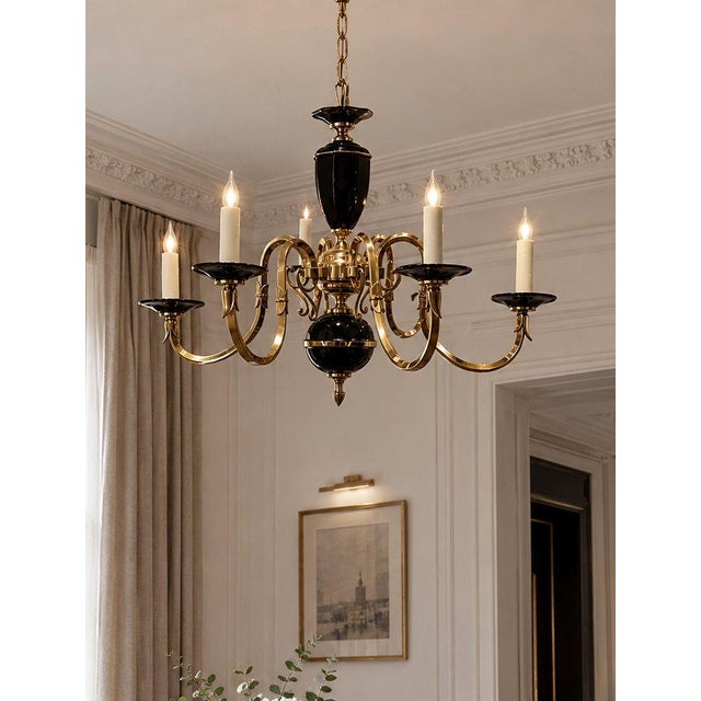 Vintage Black Porcelain and Brass 6 Arms Chandelier Made in Spain For Sale In Pittsburgh - Image 6 of 6