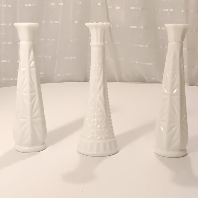 Glass Set of 3 Vintage Milk Glass Vases Combo of Various Geometric Shapes For Sale - Image 7 of 9