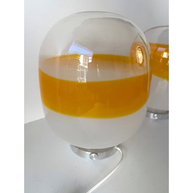 Mid-Century Modern Space Age pair of or set of 2 table or bedside ball orange and white smoke murano glass saturn lamps,...