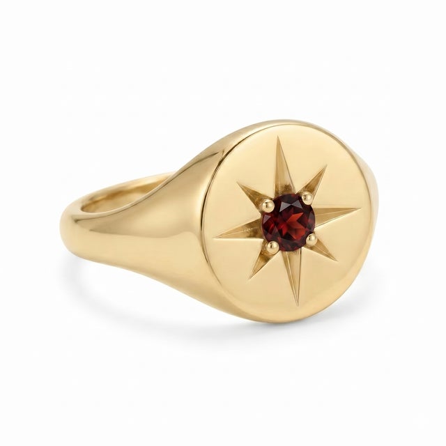 Celestial Garnet Signet Ring, Gold Starburst Ring, Compass Style Gold Ring for Women Us 7 For Sale - Image 4 of 4