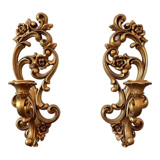 1970’s Hollywood Regency Gold Wall Candle Sconces- a Pair For Sale