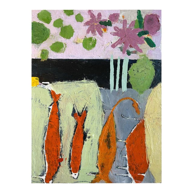 Christiane Corcelle "Bittersweet" Mixed Media on Board, Abstract Still Life With Orange Fish and Flowers, 2025 For Sale