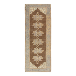 Turkish Oushak Runner With Soft Blue and Cream Accents on a Warm Mocha Field 3'3 X 8'11