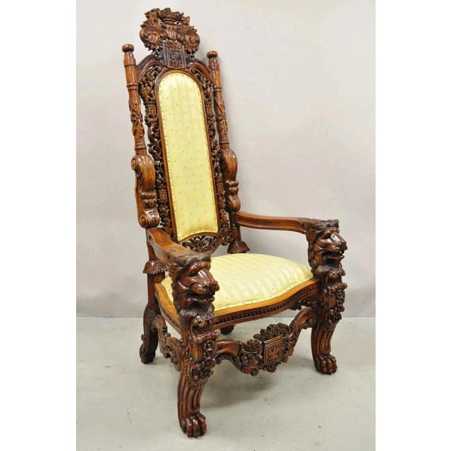 Contemporary Renaissance Gothic Style Large Figural Lion Carved Wood Paw Feet Throne Chair. Circa Late 20th Century....