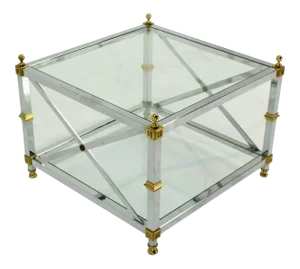 Vintage Mid Century Glass Chrome Brass X Base Square Side Coffee End Table