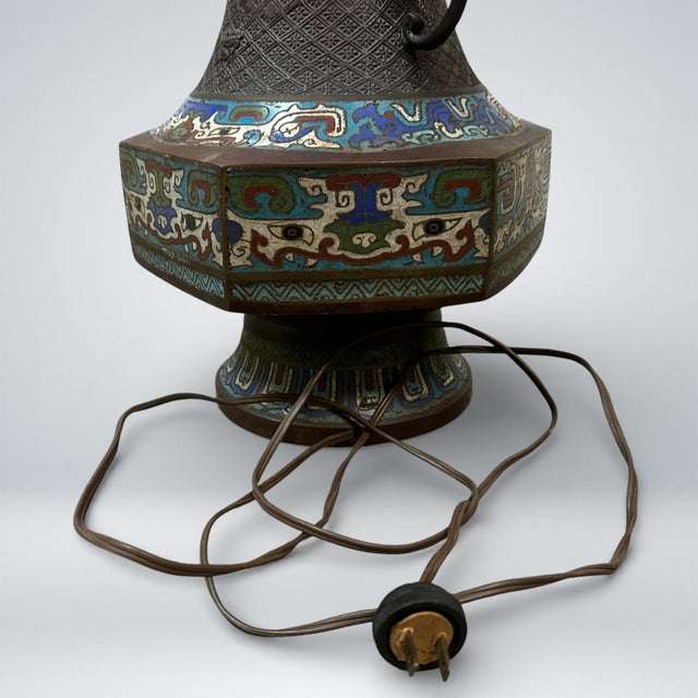 Chinese Dragon Handle Bronze Cloisonné Lamp, Early 20th Century For Sale - Image 11 of 11