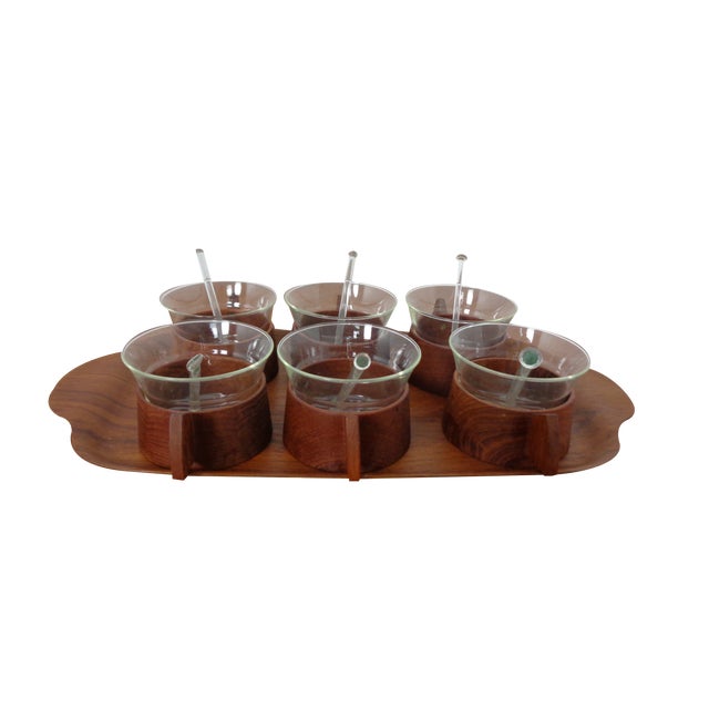 Swedish Teak Tray with Tea Cups by Jie Gantofta, 1960s, Set of 7 For Sale