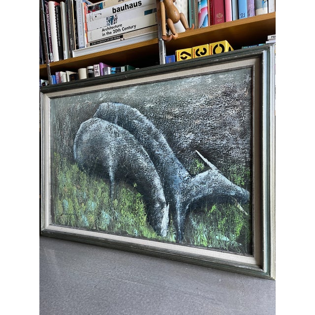Green Vintage Signed Roane Sgraffito Original Biomorphic Grazing Deer Painting Framed Canvas Abstract Expressionism For Sale - Image 8 of 10