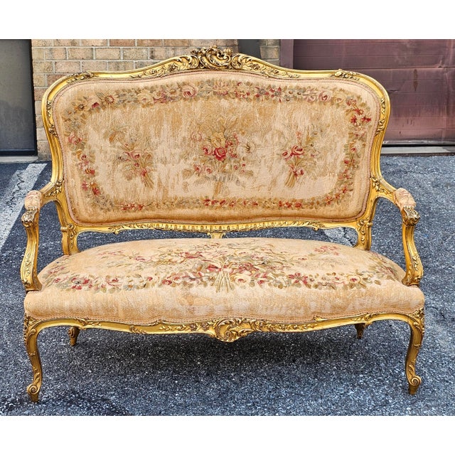 Louis XV Style French Carved & Tapestry Upholstered Aubusson Settee Circa 1890s For Sale - Image 12 of 16