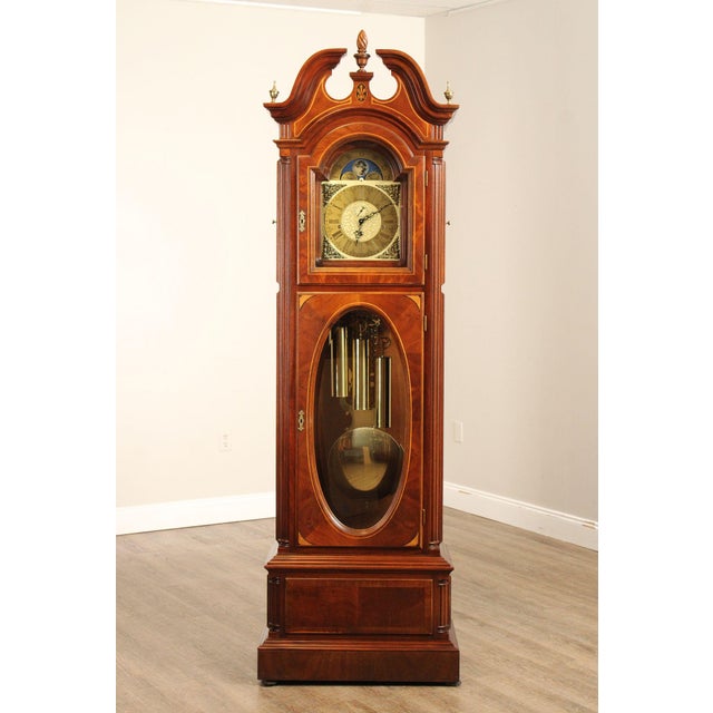 Custom Quality Carved and Inlaid Mahogany Tall Case Clock with Brass Weights and Pendulum Behind Beveled Glass Door, Moon...