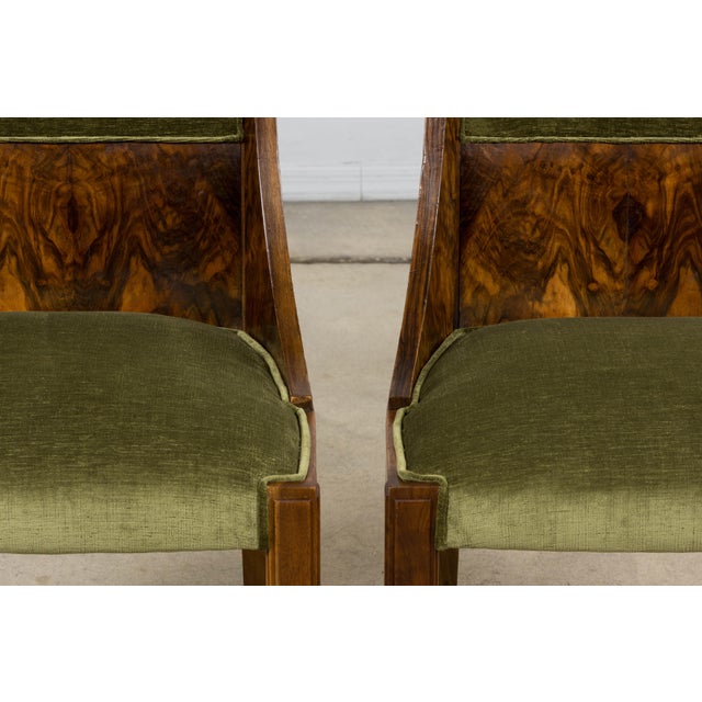 Wood 1920s French Art Deco Walnut Gondola Dining Chairs in Olive Green - Set of 8 For Sale - Image 7 of 18
