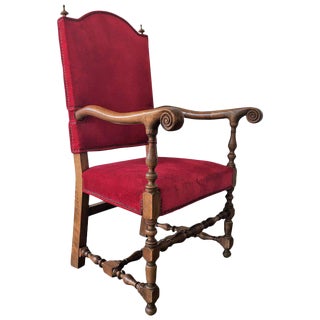 19th Century Louis XIII Style Fauteuils Throne Armchair in Red Velvet For Sale