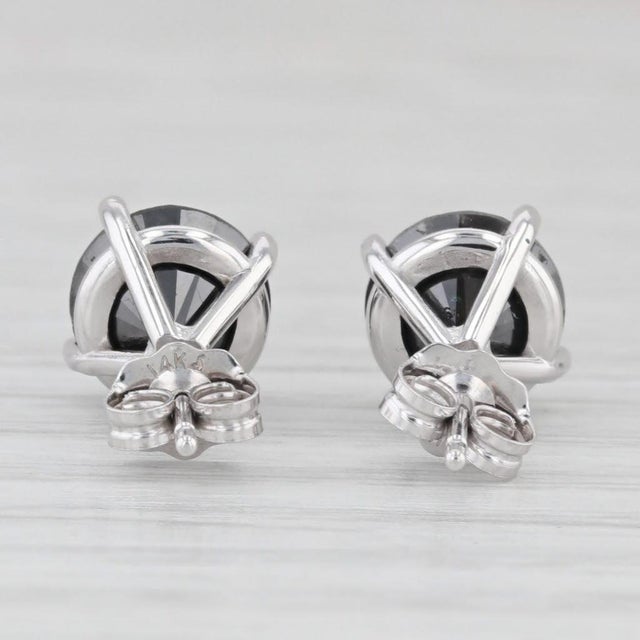 New 3.45ctw Black Diamond Stud Earrings 14k White Gold Round Solitaires - 2 Pieces For Sale - Image 4 of 6
