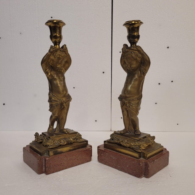 Metal Candleholder Putti in Ormolu and Marble, France, 1880s, Set of 2 For Sale - Image 7 of 18