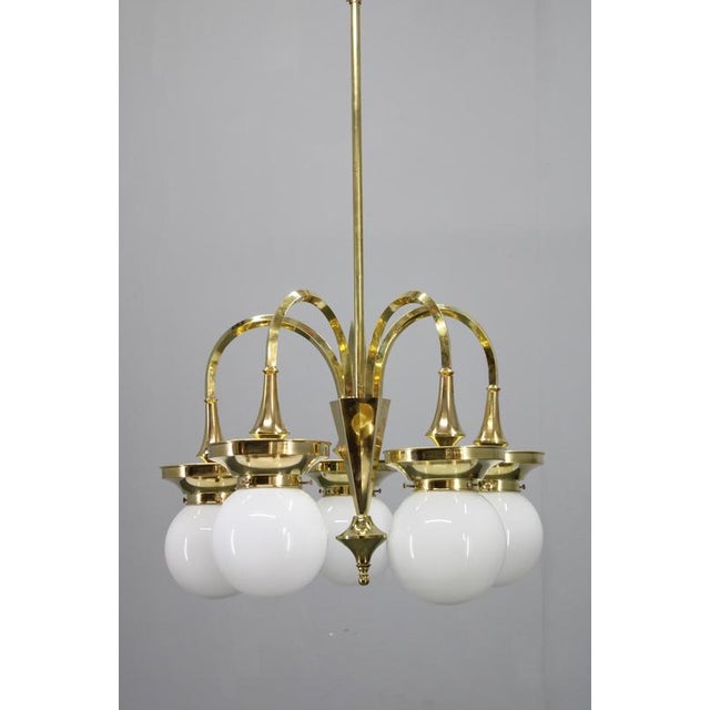 Vintage Art Deco Brass Chandelier with Five Opaline Glass Globes, 1930s For Sale - Image 3 of 12