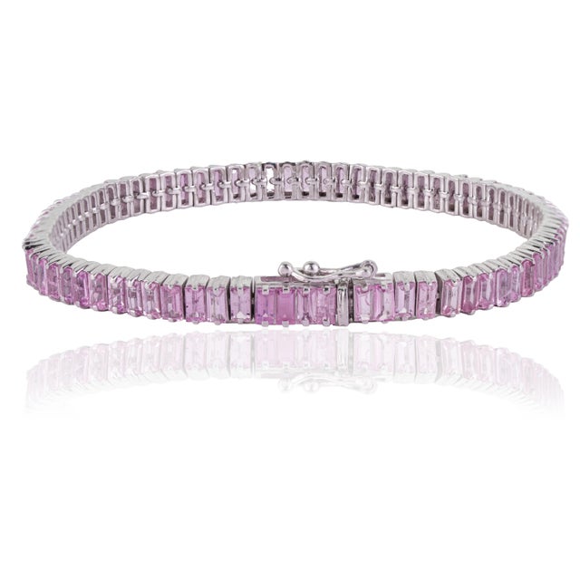 Not Yet Made - Made To Order Baguette Cut 10.47 Ct Pink Sapphire Linear Tennis Bracelet for Valentine in Silver, 7 Inch For Sale - Image 5 of 14