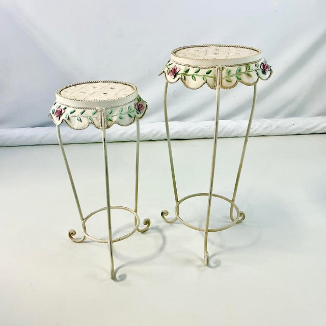 1950s Vintage French Style Boho Chic Scalloped Tole Rose Plant Stands - Set of 2 For Sale - Image 16 of 18