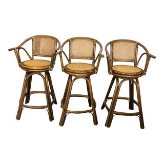 Vintage Boho Chic Cane Back Rattan Swivel Stools - Set of 3 For Sale