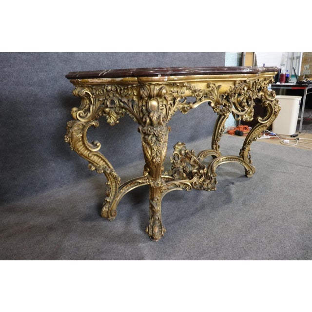 French Louis XV Giltwood Carved Walnut Marble Top Console Table Circa 1890s For Sale - Image 9 of 15