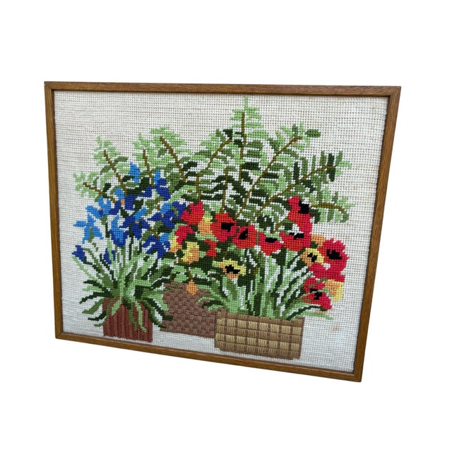 Midcentury Floral Potted Plants Needlepoint Wall Art For Sale - Image 4 of 12