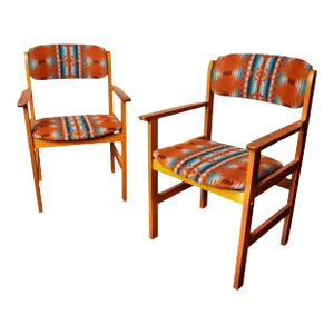 Vintage Mid Century Modern Danish Teak Armchairs Pendleton Wool Fabric 1970 - A Pair