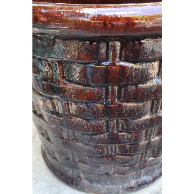 Large Vintage Basketweave Flower Pot Planter Brown Glazed Terracotta For Sale - Image 4 of 8