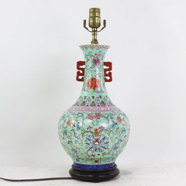 Vintage Chinese Famille Rose Lime Green Porcelain Vase Lamp With Lotus and Peony Scrollwork For Sale - Image 4 of 16