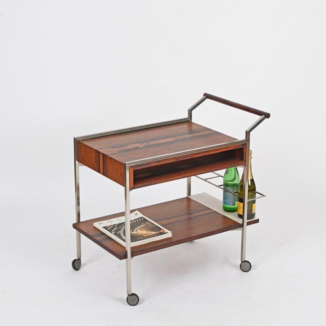 Serving Bar Cart with Drawers in Rosewood and Chrome by George Coslin, Italy, 1950s For Sale - Image 10 of 15