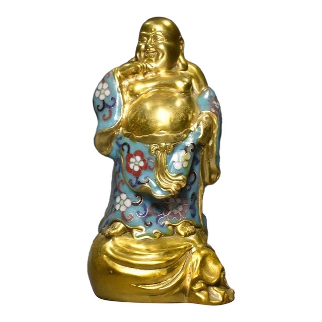Late 20th Century Cloisonné Enamel Laughing Buddha Standing Figurine, Gilded Copper Floral Statue For Sale