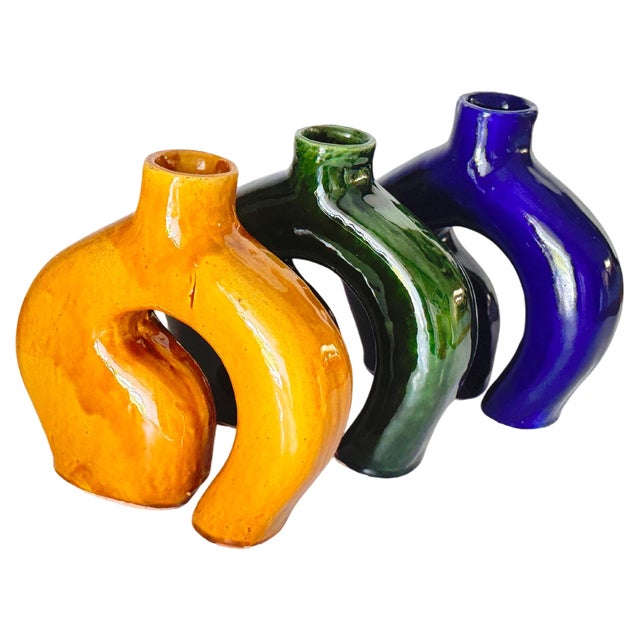 Vase in Enameled Ceramic Green, Blue and White, Italy, 1970s, Set of 3 For Sale