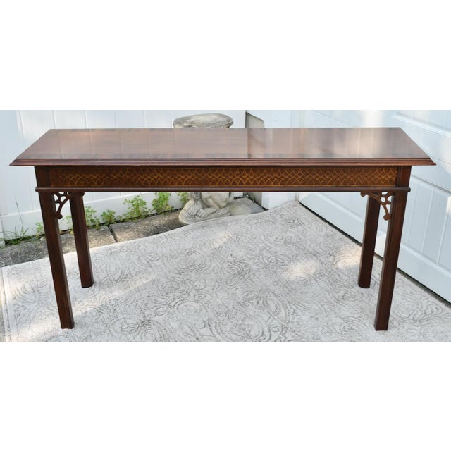 Chinese Vintage Councill Carved/Inalid Mahogany Chinese Chippendale Style Console Table For Sale - Image 3 of 12