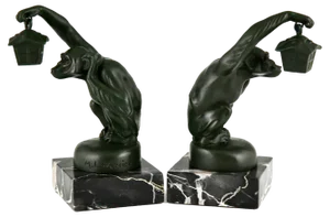 Art Deco Bookends Monkey with Lantern by Max Le Verrier, 1925, Set of 2
