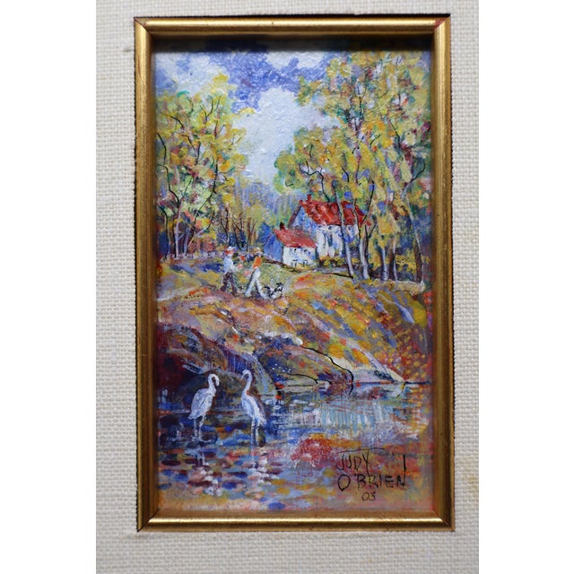 An enchanting original miniature landscape painting by American artist Judy O’Brien Galatha, dated 2003. Rendered in...