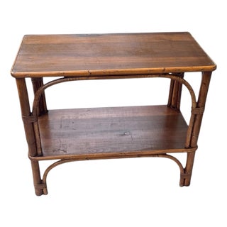 Vintage Bamboo Two-Tier Side Table | Hollywood Regency Coastal Rattan Accent Table For Sale
