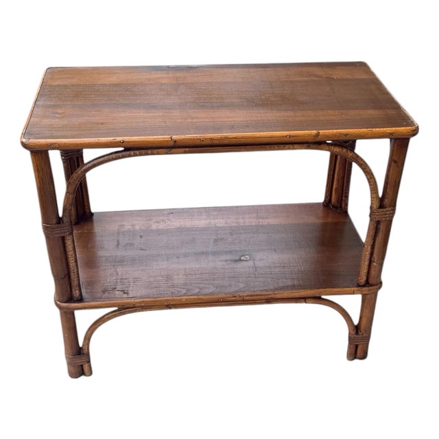 Vintage Bamboo Two-Tier Side Table | Hollywood Regency Coastal Rattan Accent Table For Sale