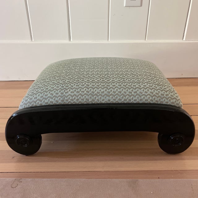 Hollywood Regency Neoclassical Style High Gloss Black Low Scroll Stool With Fortuny Cotton Fabric For Sale - Image 3 of 7