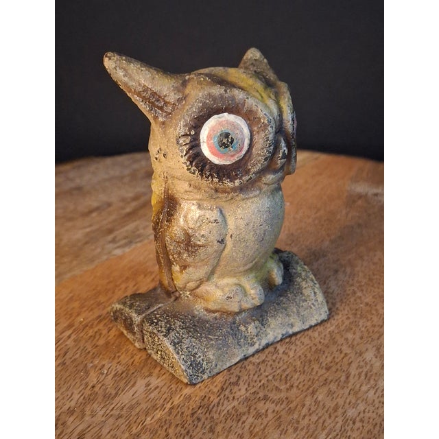 1950s Vintage Cast Iron Owl on Stump Still Bank Gold Finish 3.7" Moore Pg 90 #599 For Sale - Image 5 of 18