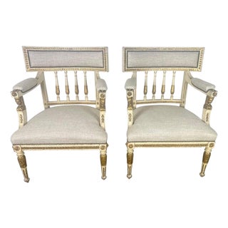 Pair of Italian Neoclassical Style Painted & Parcel Gilt Armchairs C. 1900's For Sale