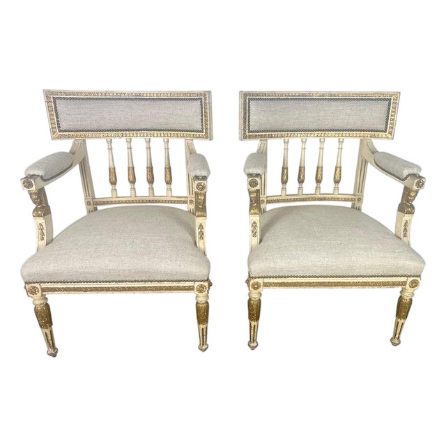 Pair of Italian Neoclassical Style Painted & Parcel Gilt Armchairs C. 1900's For Sale