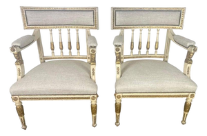Pair of Italian Neoclassical Style Painted & Parcel Gilt Armchairs C. 1900's