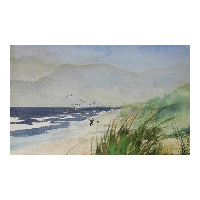 Mid 20th Century Coastal Surf Fishing Watercolor Painting For Sale