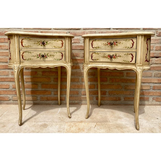 Two Drawers Painted in Light Beige Wood Kidney Nightstands, 1940s, Set of 2 For Sale - Image 17 of 18