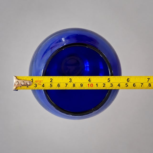 Scandinavian Cobalt Blue Art Glass Vase | Heavy Hand Blown Mid Century Modern Statement Decor 9" For Sale - Image 4 of 9